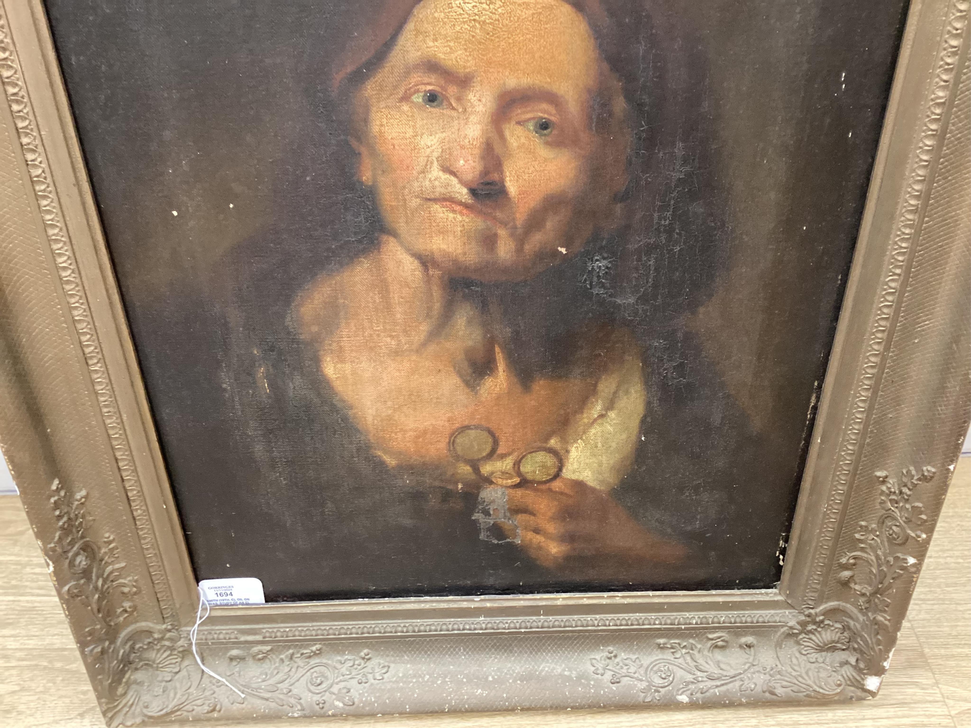 G. Smith (19th. C), oil on canvas, Study of an elderly woman holding spectacles, signed, 56 x 44cm, ornately framed. Condition - poor